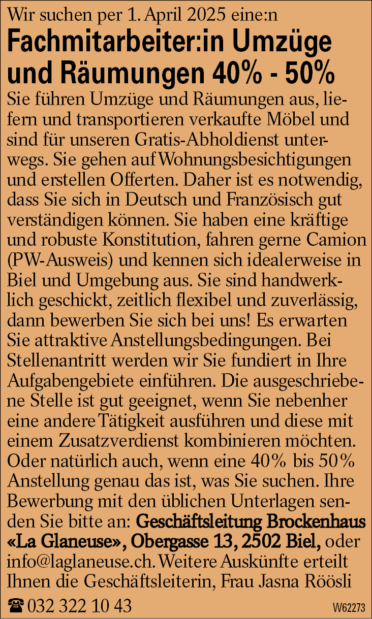 Fachmitarbeiter:in Umzüge und Räumungen 40% - 50%