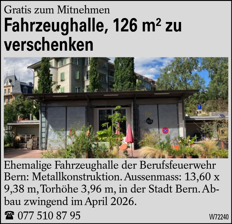 Fahrzeughalle, 126 m² zu verschenken