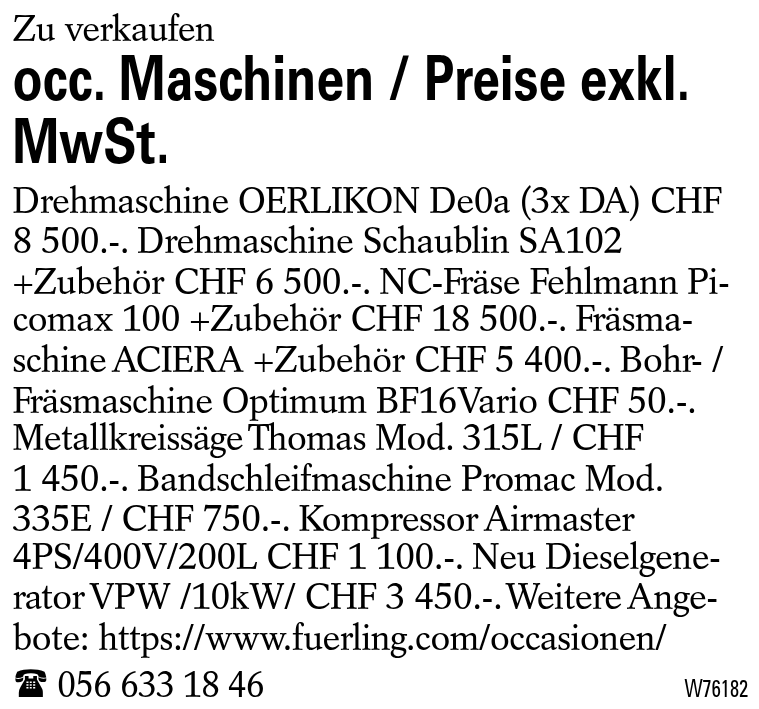 occ. Maschinen / Preise exkl. MwSt.