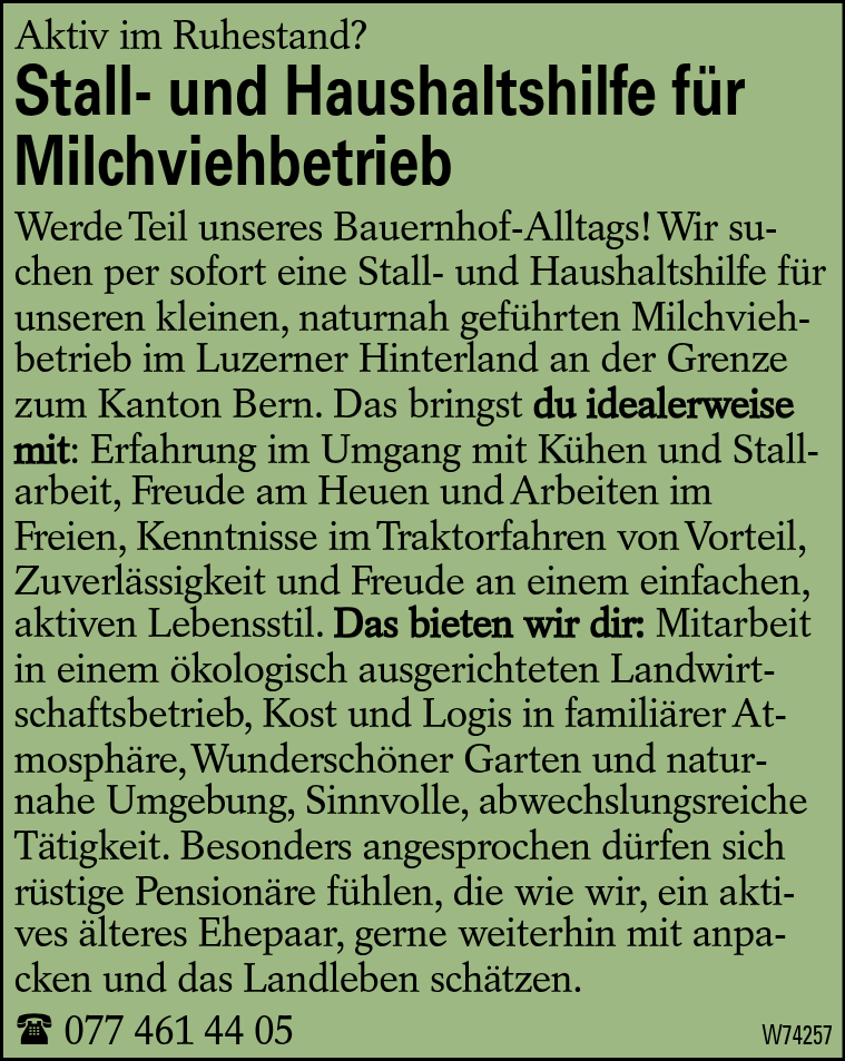 Stall- und Haushaltshilfe für Milchviehbetrieb