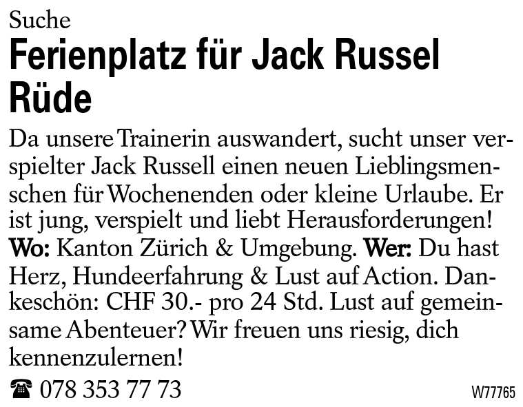 Ferienplatz für Jack Russel Rüde