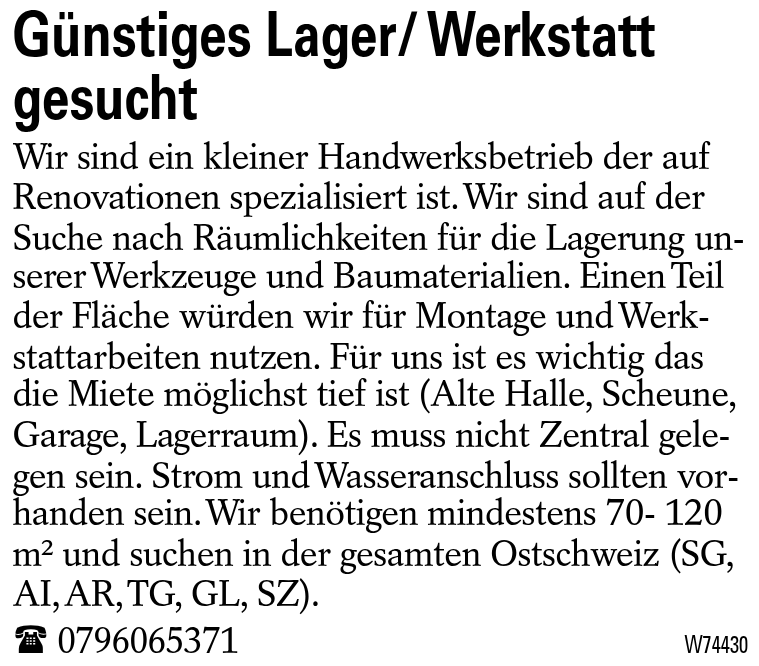 Günstiges Lager/ Werkstatt gesucht