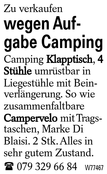 wegen Aufgabe Camping