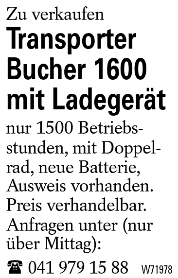 Transporter Bucher 1600 mit Ladegerät