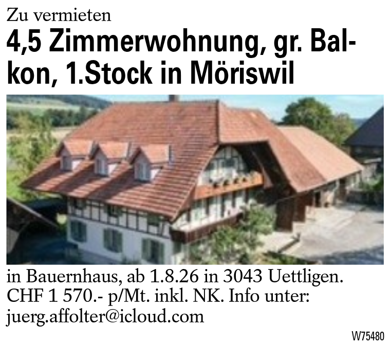 4,5 Zimmerwohnung, gr. Balkon, 1.Stock in Möriswil