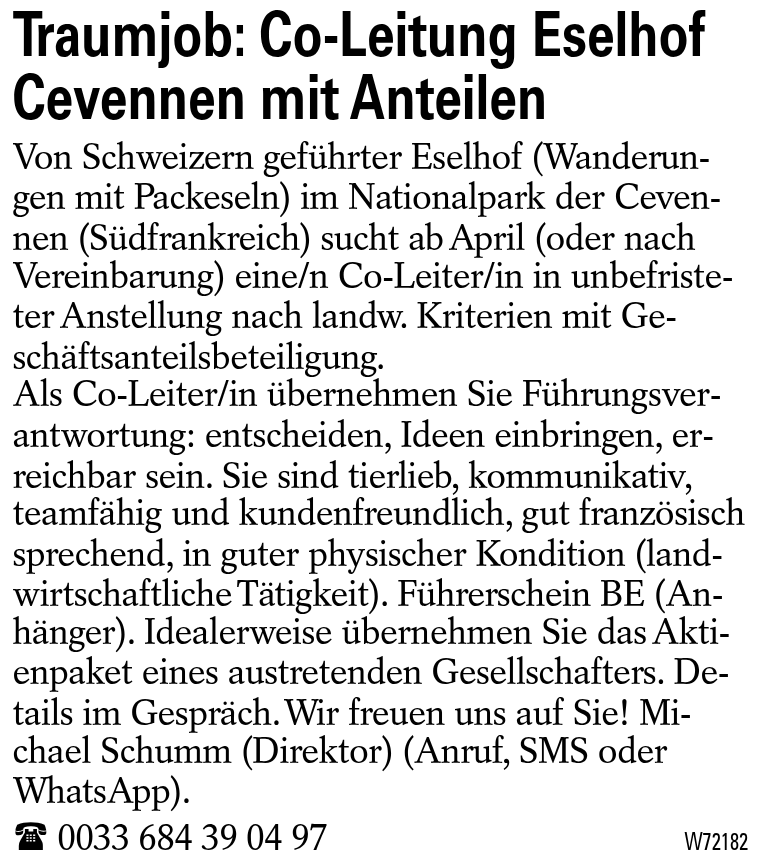 Traumjob: Co-Leitung Eselhof Cevennen mit Anteilen